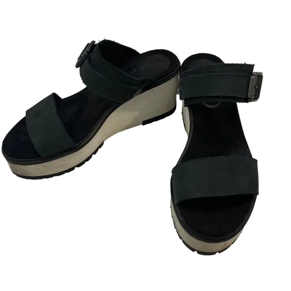 TIMBERLAND Women Platform Size 8 Black Koralyn Buckle Wedge Leather Sandals